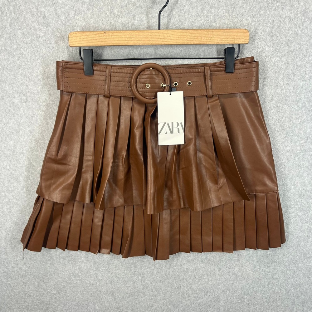 Zara Pleated Faux Leather Mini Skirt Womens L Brown Belted Tiered NWT